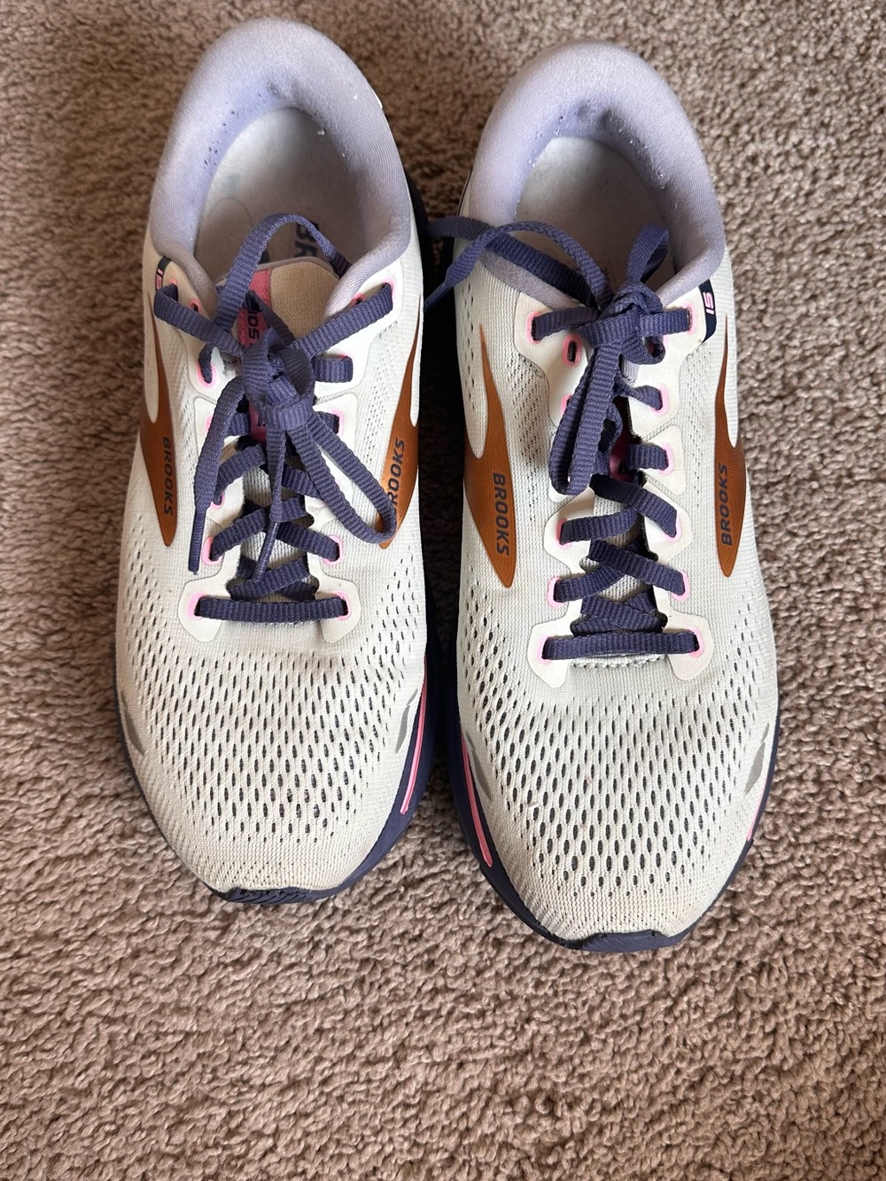 mine White Athletic Running Shoes with Purple Laces and Brown Accents